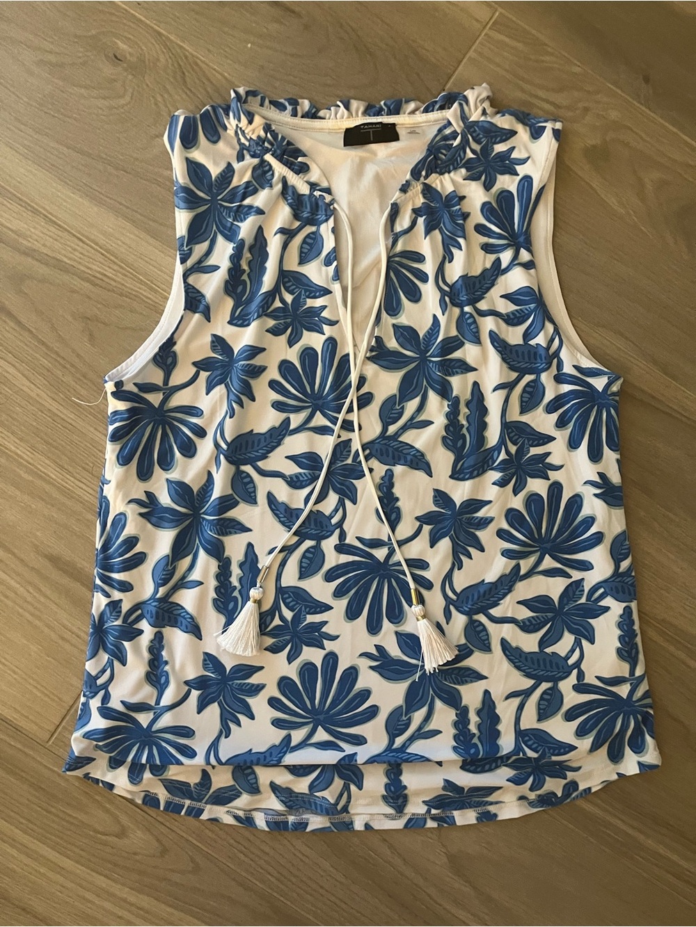 Tahari White Sleeveless Camisole with Blue Floral Print and Tassel Tie